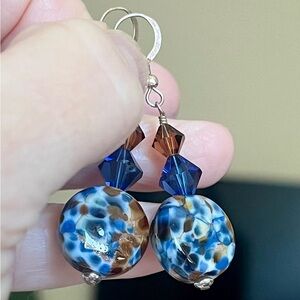 Glass dangling (EUC) wire pierced earrings blue/brown jewelry